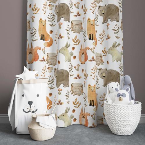 Woodland Animal Curtains for Kids Room – Bears, Foxes, and Squirrels Print – Cozy Forest Theme Drapes – Custom Sizes