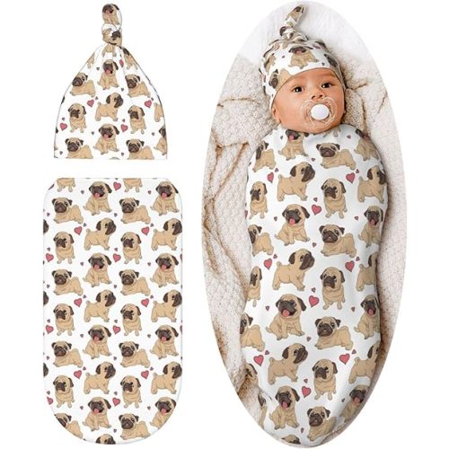 Cute Dog Pug Baby Stuff Newborn Swaddle Blankets Soft Swaddle Sack Swaddling Blanket with Beanie Sets Gifts for Infant Boys Girls