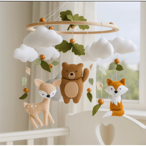 Woodland Baby Mobile Neutral | Forest Animals Baby Mobile with Bear, D – Cozybabywear