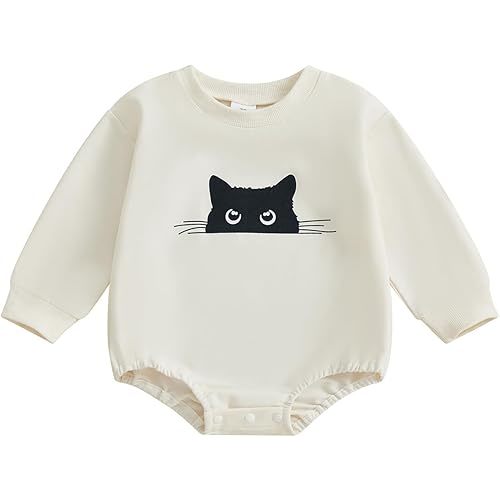 Baby Girl Halloween Outfit Black Cat Long Sleeve Crewneck Romper Bodysuit Onesie Newborn Halloween Clothes