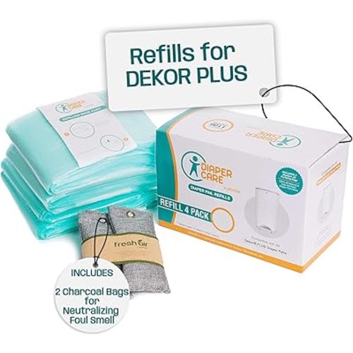 4 Pack Diaper Refill Liners – Compatible with Dekor PLUS Refill - Disposable Diaper Pail Liners Hold Up To 2372 Diapers – Baby Scented Refills with Natural Charcoal Smell Eliminator Bags