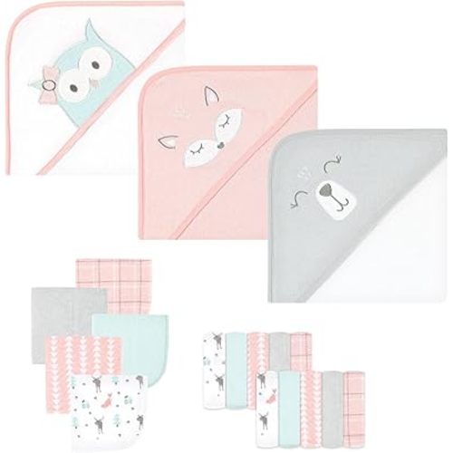 Hudson Baby Unisex Baby Animal Hooded Towel 3pk and 15 Washcloths, Girl Woodland, One Size