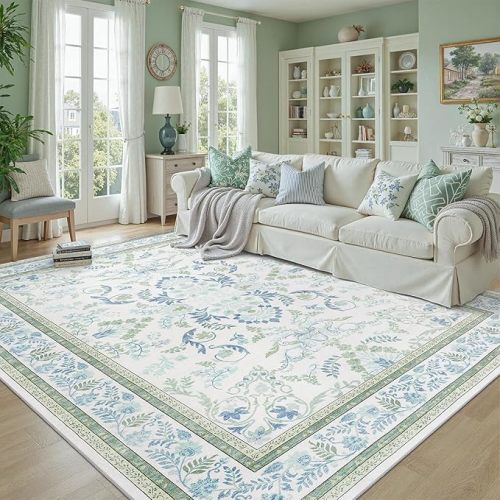 DCX Green 5x7 Rug, Kid & Pet Friendly with Rubber Back Non Slip, Machine Washable Stain Resistant Botanical Floral Rug for Living Room, Bedroom, Home Office, Soft Low Pile Large Nursery Carpet