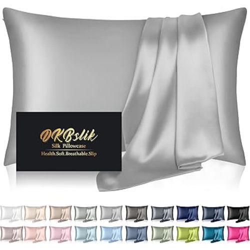 Silk Pillowcase for Hair and Skin, Mulberry Silk Pillow Cases Standard Size, Soft Anti Acne Cooling Sleep Both Sides Natural Silk Satin Pillow Covers with Hidden Zipper, Gifts for Women Men, Grey