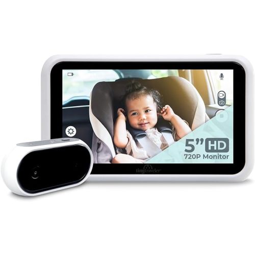 Tiny Traveler 5” HD Touch Screen Baby Car Monitor – Hackproof, No WiFi Baby Camera for Travel Home – Rear-Facing Car Seat Monitor with Night Vision Headrest or Clamp Mount Baby Reminder Alert White