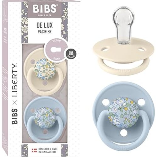 BIBS De Lux Baby Pacifier 2-Pack | BPA Free Soother | Made in Denmark | Round Nipple Silicone | OneSize 0-36 Months | Eloise Baby Blue