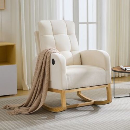 Nursery Rocking Chair - Linen/Teddy Upholstered Glider Rocker with Side Pocket, Footrest, High Back Nursing Chair, Modern Accent Armchair