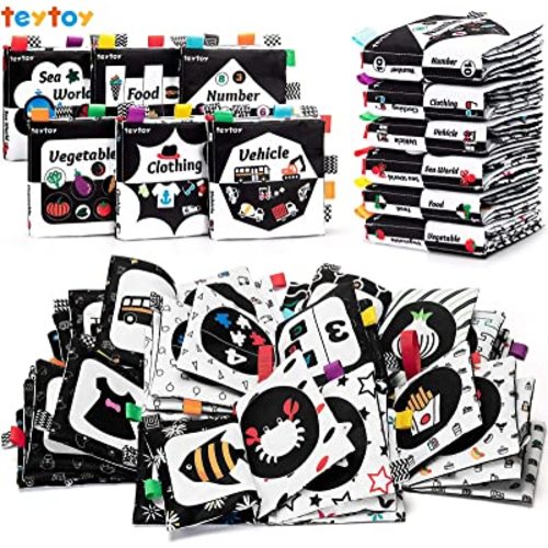 teytoy Baby Soft Cloth Book Set 6 PCS, Black and White High Contrast Baby Activity Crinkle Books for 0 3 6 9 12 Months Newborn Infants Babies Boys and Girls Early Educational Learning Toys