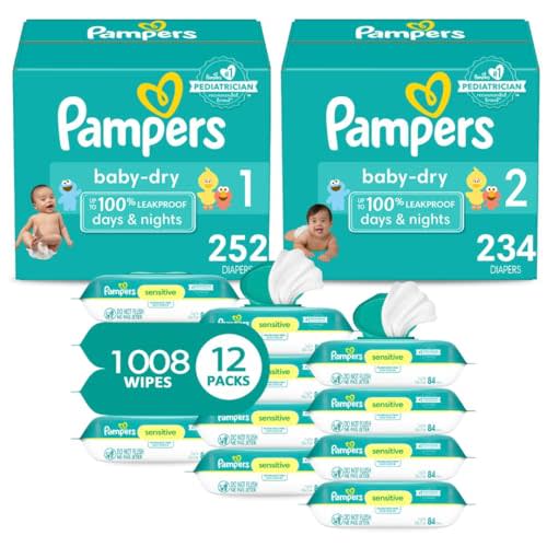 Pampers Baby Dry Disposable Baby Diapers Starter Kit, Sizes 1 (252 Count) & 2 (234 Count), with Sensitive Water Based Baby Wipes 12 Flip-Top Packs (1008 Wipes Total)