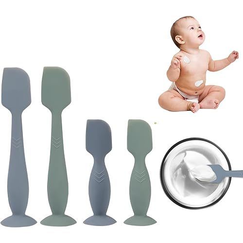 Baby Diaper Cream Spatula, 4 Pack Baby Diaper Cream Applicator, Silicone Diaper Rash Cream Applicator with Suction Cup Base, 2 Each of Large and Mini Sizes(Green, Blue)