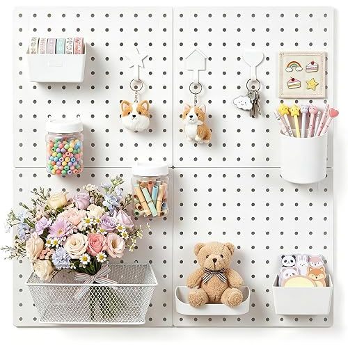 4-Pack Pegboard Wall Organizer, 11” x 11” Wall Mounted Boards with 10 Accessories, for Study Room, Kitchen, Garage, ABS Plastic, Screw or Adhesive Installation, Supports up to 110 lbs (White)