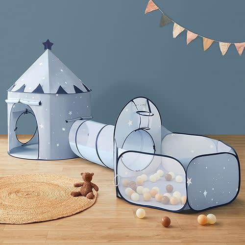 3-in-1 Baby Tunnel with Ball Pit & Tent, Balls Sold Separately, Blue