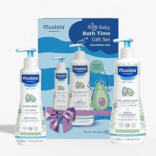 Mustela Baby Bath Time Gift Set - Baby Skin Care Essentials with Natural Avocado - Contains Hydra Bebe Body Lotion 10.14 fl. oz. & Gentle Cleansing Gel 16.9 fl. oz. - 2 Items Set