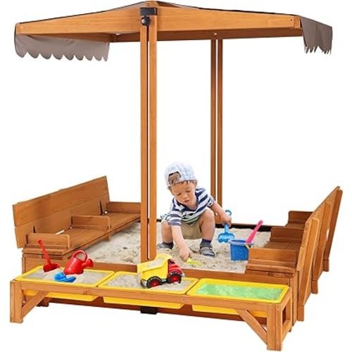 GUTINNEEN Wooden Sandbox Backyard Sand Box with Cover, Outdoor Sandbox for Kids with 3 Toy Bins