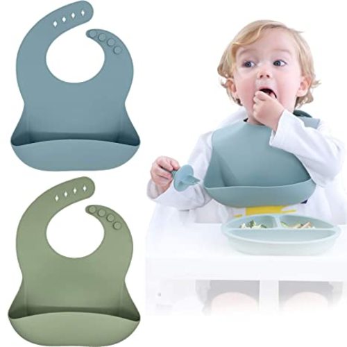 Silicone Baby Bibs Set Of 2, BPA Free Waterproof Soft Durable Adjustable Silicone Bibs for Babies & Toddlers (Ether/Sage)