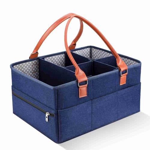 Marhynchus Large Portable Nappy Storage Basket with Detachable Divider, Felt Fabric Baby Diaper Caddy, Navy, for Nursery and Travel