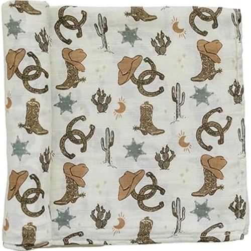Mebie Baby Outlaw Cowboy Muslin Swaddle, Modern and Neutral Blanket for Baby Girl or Boy, 0-3 Month, Comfy Wrap