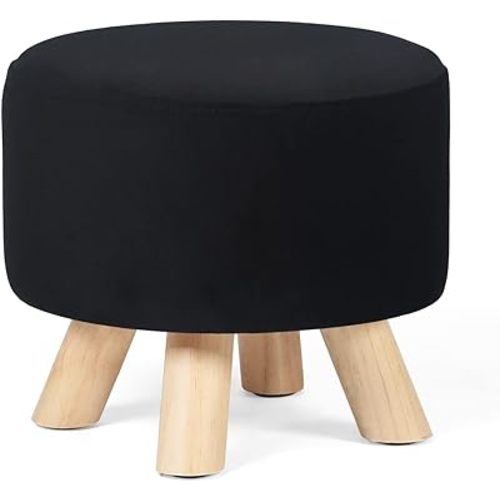 Asense Small Round Ottoman Foot Rest Stool Fabric Padded Seat Footstool Ottoman with Anti-Slip Wooden Legs (Black,Fabric)