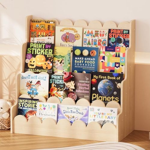 NACHES 4-Tier Kids Scalloped Bookshelf Montessori Wood Toddler Nursery Bookcase Baby Book Magazine Display Shelf Front Facing Children Book Rack Toy Organizer Girl Boy Bedroom Classroom Playroom