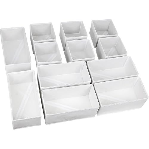 Set of 12 Drawer Organizer, Fabric Closet Organizer and Storage Baskets,Foldable Drawer Divider for Clothing,Sock,Ties,Underwear Drawer Organizers,Set of Cabinet Storage Boxes (White)
