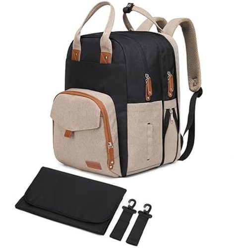 Large Diaper Bag Backpack for Two Kids Twins - Expandable Baby Bag (26-36L), Dual Big Compartments - Includes Changing Pad & Stroller Straps, Unisex Black Khaki