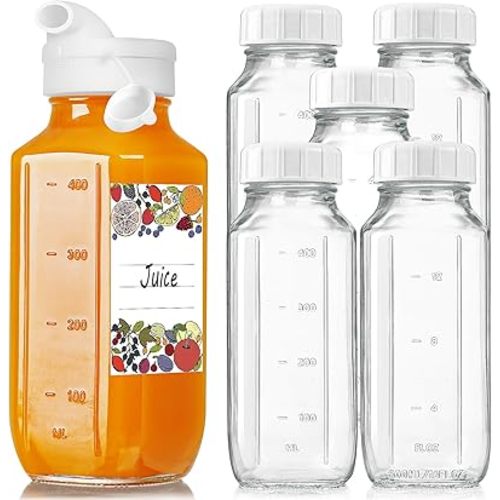 6 Pack 16 Oz Glass Juice Bottles with Pour Spout, 100% Airtight Heavy Duty SCREW Lid- Reusable Glass Milk Bottles w Capacity Mark, Square Drinking Jar Juice Container Breast Milk Pitcher(Extra 2 Lid)