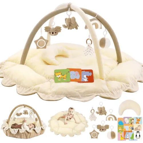 5-in-1 Plush Baby Play Gym, Tummy time mat, Play Mat, Baby Gym, Activity Mat with Convertible Gym and Pillow, 6 Sensory Toys, Play Center from Newborn to Toddler, Circle Cream