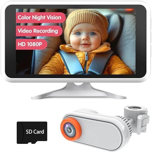 Baby Car Camera with Night Vision, HD 1080P Car Camera for Baby Video Recording with TF Card Car Baby Camera 3X Zoom 360° Rotation for Rear Facing Seat White