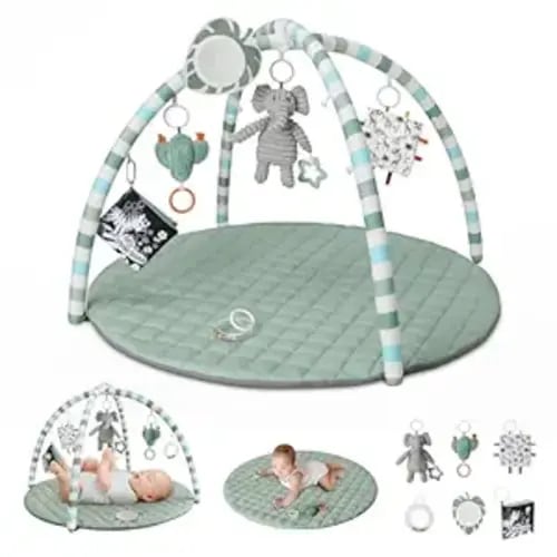 Blissful Diary Baby Play Gym Mat, Tummy Time Mat with 6 Detachable Toys for Stage-Based Sensory & Motor Skill Development, Baby Activity Mat Easy to Install & Clean, Baby Essentials Gift, Sage Green