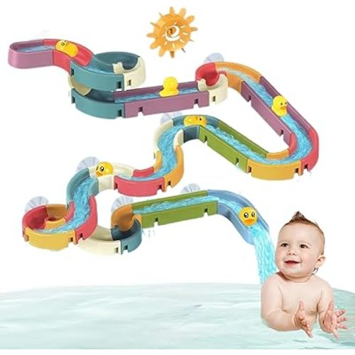 Duck Slide Bath Toys for Kids Ages 4-8, Suction Cup Wall Track Building Kit 3 +, Toddler DIY Bathtub Building Set,Fun Educational Bathtime Essential Toy,Boys Girls Christmas Birthday Gift (48PCS)