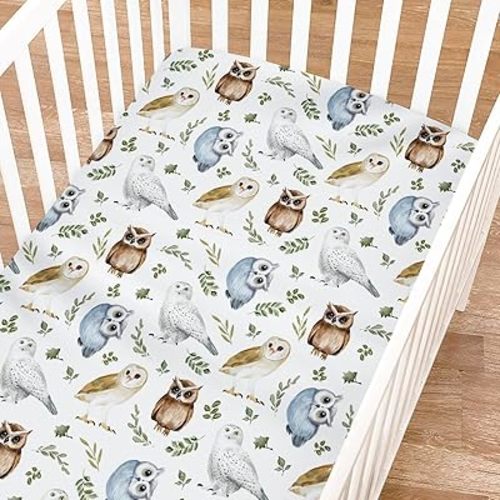 Watercolor Owls Green Leaves Baby Fitted Crib Sheet for Boy Girl 52"x28" Owl Birds Boho Leaves Soft Crib Mattress Cover Breathable Baby Bed Sheets for Standard Crib and Toddler Mattresses