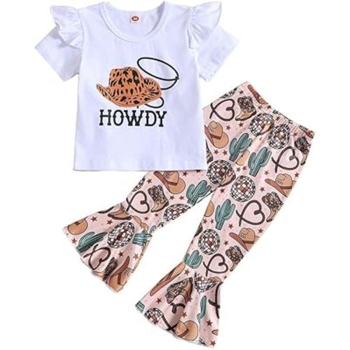 Toddler Baby Girl Bell Bottom Outfit Set Western Cowgirls Short Sleeve Tee+Boho Flared Pants 2pcs Summer Clothes
