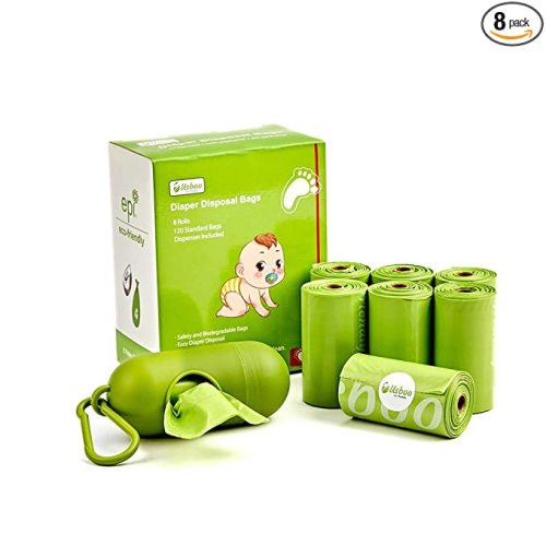 USBOO Baby Disposable Diaper Bags, Waste Bags 8 Refill Rolls/120 Bags with Dispenser, Convenient and Quick Diaper Disposal, Unscented
