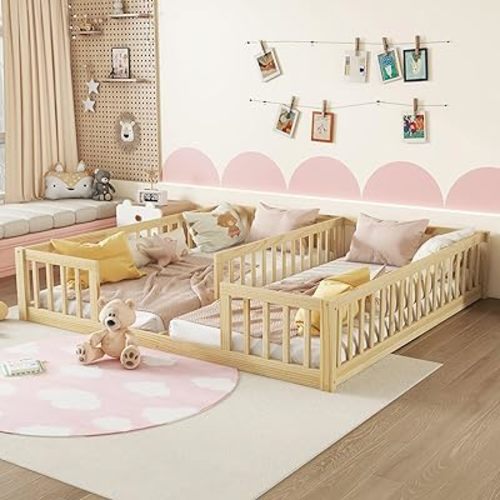 Floor Bed for 2 Kids, Montessori Bed Frame with Fence Railings, Wooden Double Twin Bed for Two Boys Girls, Box Spring Needed, Natural