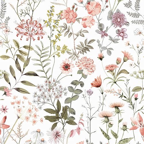 VEELIKE Vintage Peach Pink Floral Wallpaper Peel and Stick Removable Wildflowers Pink Botanical Wallpaper for Nursery Girls Bedroom 17.7''x118'' Self Adhesive Floral Contact Paper for Walls Cabinets