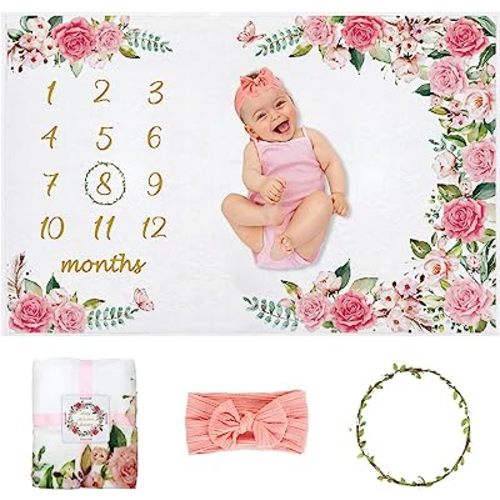 Baby Monthly Milestone Blanket Girl, Milestone Blanket for Baby Girl, Track Growth and Age, Newborn Shower Gifts for Mom, Includes Floral Wreath & Pink Bow Headband, 60" X 40"