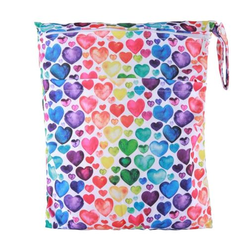 Wet Dry Bag Baby Cloth Diaper Nappy Reusable Washable Two Pockets (Rainbow Hearts)