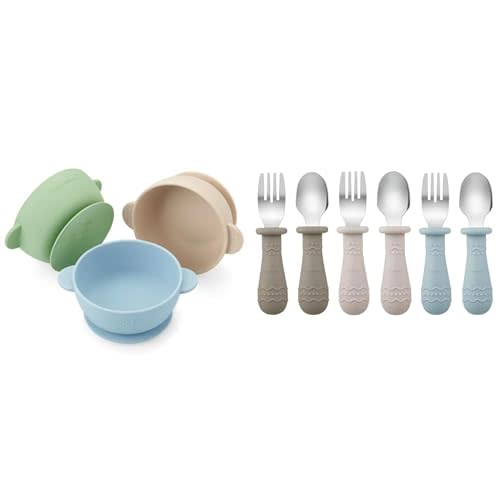 PandaEar 3 Pack Baby Bowls & Toddler Utensils (Light Tan/Walnut/Blue)