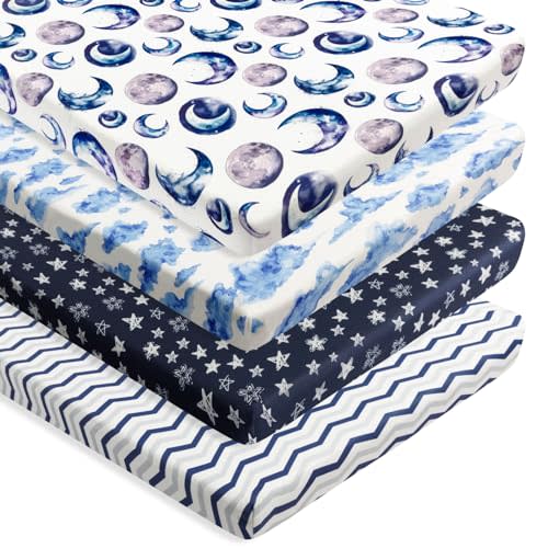 4 Pack Fitted Pack N Play Sheets for Baby Boys Neutral Unisex Breathable Soft Toddler Mini Crib Sheets for Pack and Play Mattress (Sky)