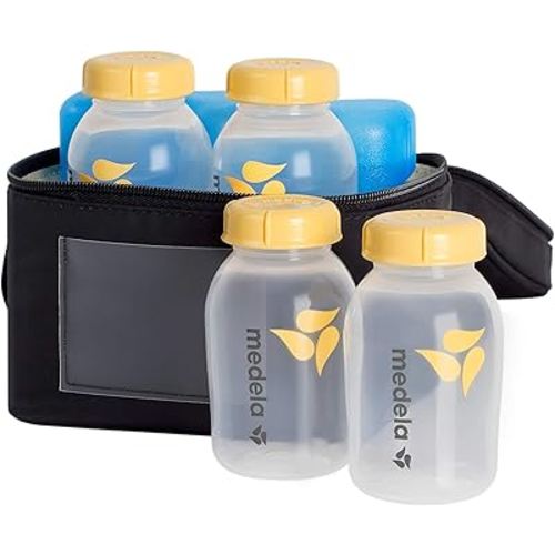 Medela Breast Milk Storage Cooler Bag with Contoured Ice Pack, 4 Bottles and Lids, Convenient Breastmilk Transport