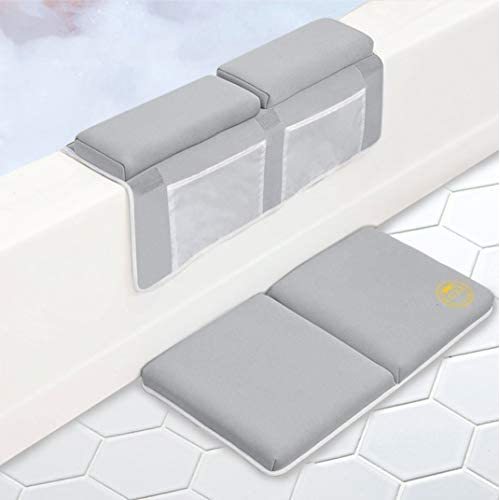 Luxe Little Ones Baby Bath Kneeler & Elbow Rest Pad Set - Non Slip, Thick Foam Cushion, Knee Saver Bathtub Mat With 4 Large Toy Organizer Pockets - Tub Kneeling Kit For Infant Bathing Time - Grey