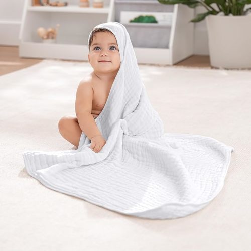 Comfy Cubs Hooded Baby Towel 2-Pack, Large 32 x 32 Inch - 6 Layer 100% Muslin Cotton for Babies, Toddlers and Kids - Soft & Absorbent Baby Bath Towels - Unisex Design for Bath Time - White