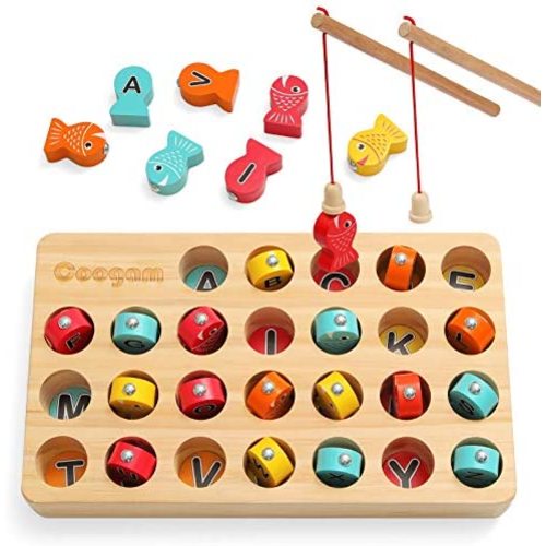 Coogam Wooden Magnetic Fishing Game, Fine Motor Skill Toy ABC Alphabet Color Sorting Puzzle, Montessori Letters Cognition Preschool Gift for Years Old Kid Early Learning with 2 Pole