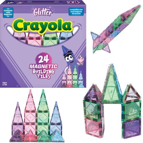 CreateOn Crayola Glitter Magnetic Tiles, Building Set for Kids, Magnetic Tiles, Kids’ Building Toys, STEM & Montessori Toys for Boys and Girls Ages 3+, 24-Piece Set (Glitter) : Toys & Games