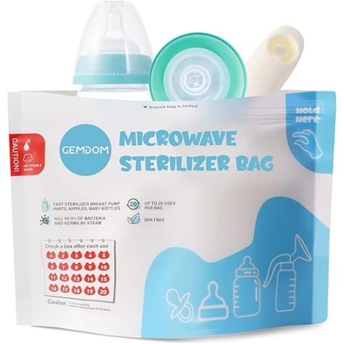 Gemdom 15 Pack Microwave Steam Sterilizer Bags Plus, Large Size for Baby Bottles Soothers, Teethers, Breast Pump Parts, Training Cups and Accessories, 20 Uses Per Bag, Baby Travel Essential