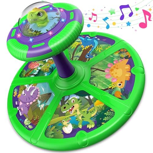 Flooyes Dinosaur Sit and Spin Toys for Toddlers Boys 1 2 3 Years Old, Birthday Gift for Boys Age 2-4 with LED Lights and Music, 360 Spin