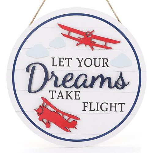 TOARTi 3D Airplane Wooden Wall Hanging (12''x12''), Let Your Dream Take Flight Inspirational Quote Door Sign, Rustic Aircraft Wall Hanging for Toddler Kids Room Nursery Playroom Classroom Decor