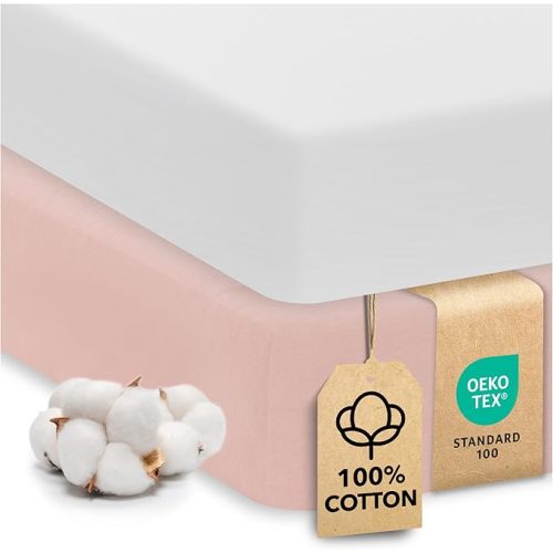 Cotton Crib Sheets 2 Pack – Sweety Fox Mini Fitted Sheets for Baby Boys and Girls, Soft Jersey Knit for Crib or Toddler Bed, White and Pink