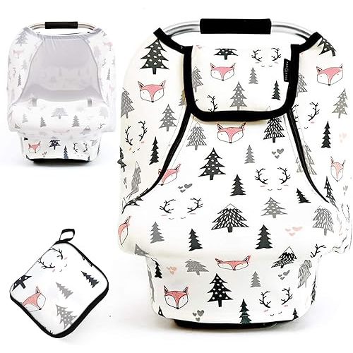 ACRABROS Car Seat Covers for Babies,All Season Infant Carseat Cover Canopy for Boys and Girls,Super Stretchy Adjustable Peeping Window with Mesh Cover,Warm Breathable Universal Fit,Forest Fox