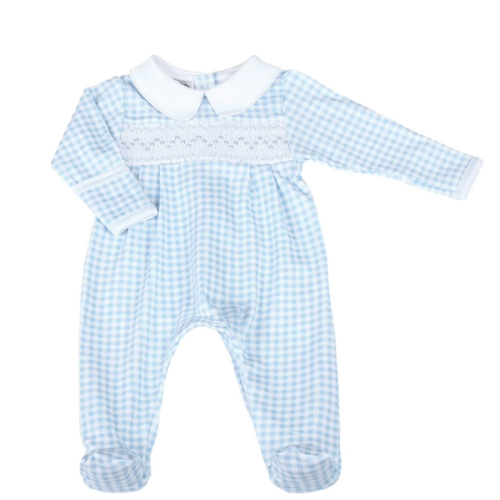 Mini Checks Smocked Footie - Blue